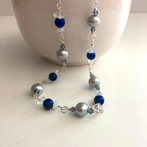 NWOT Lapis, opalite, faux pearl and blue crystal bead necklace - silver tone